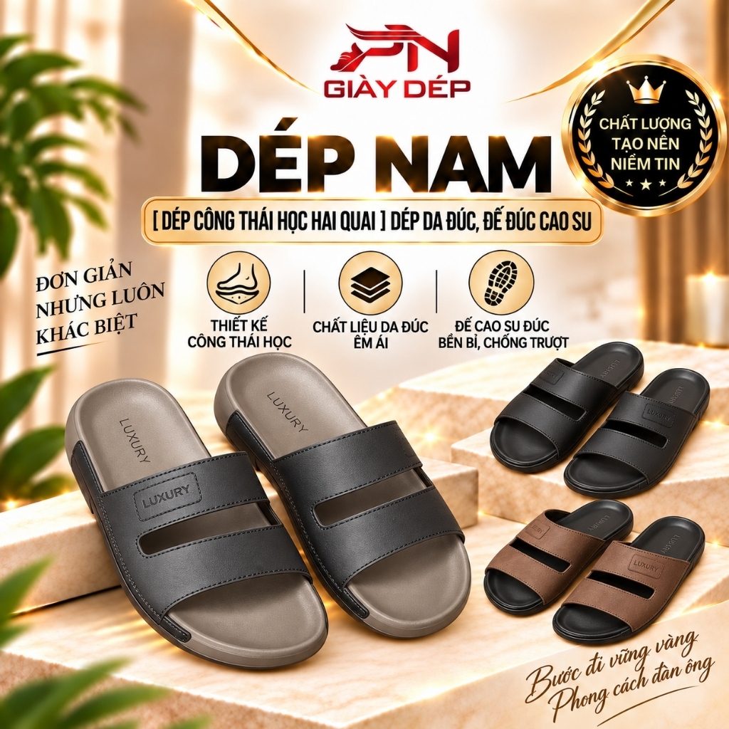 [ Dép CÔNG THÁI HỌC HAI QUAI ] Khâu Miễn Phí , Dép da đúc - Dép nam siêu bền, đế đúc cao su bền bỉ - nhẹ và ôm chân Nam