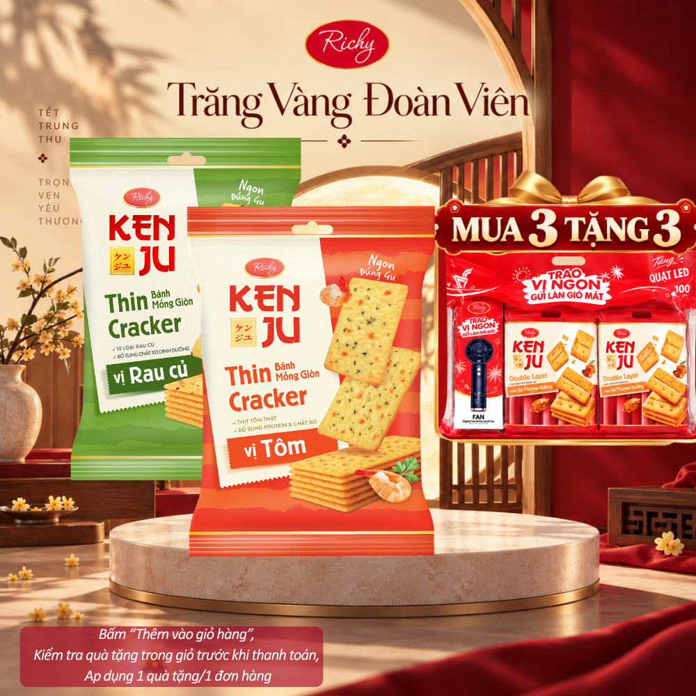 [HOẢ TỐC HN] [MUA 3 TẶNG 3 QUÀ] Bánh Quy Kenju Richy Vị Rau Củ & Kenju Giòn Vị Tôm - Túi 192g