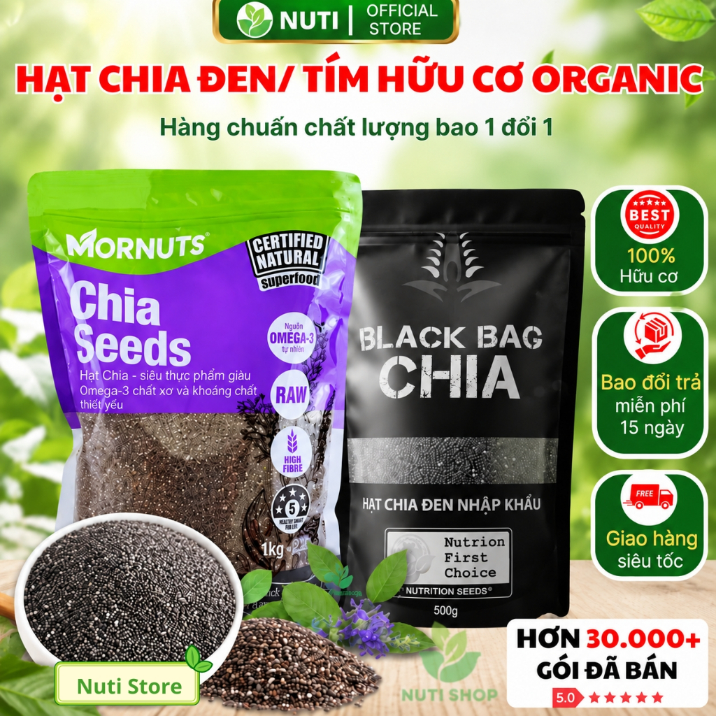 【TOP CHẤT LƯỢNG】Hạt Chia Tím Mornuts Organic 1KG, Chia Đen Black Bag Absolute Chia Hữu Cơ Sạch Đẹp