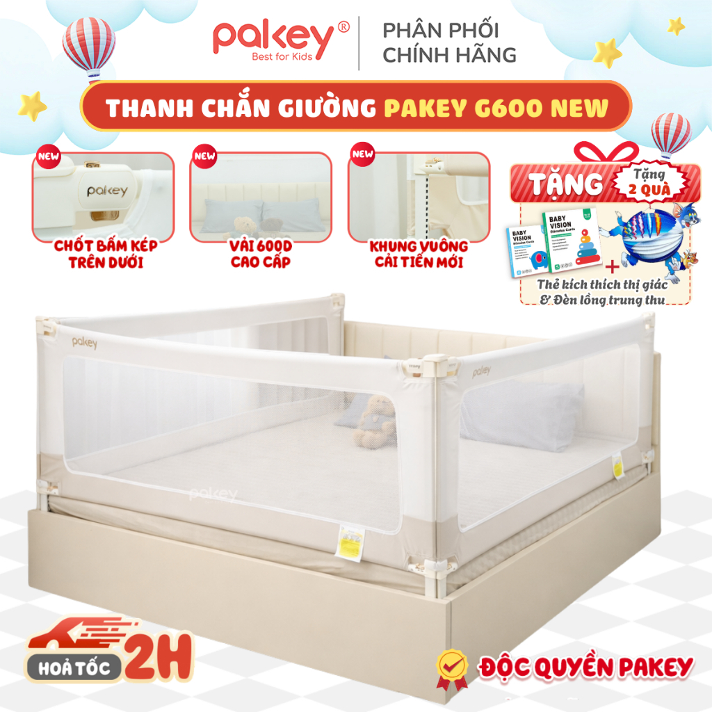 [NEW 2026] Thanh Chắn Giường Mẫu Mới Độc Quyền Pakey G600, Khóa Bấm Kép Trên Dưới Mạ Vàng, Vải 600D Mềm Mịn Chống Bẩn