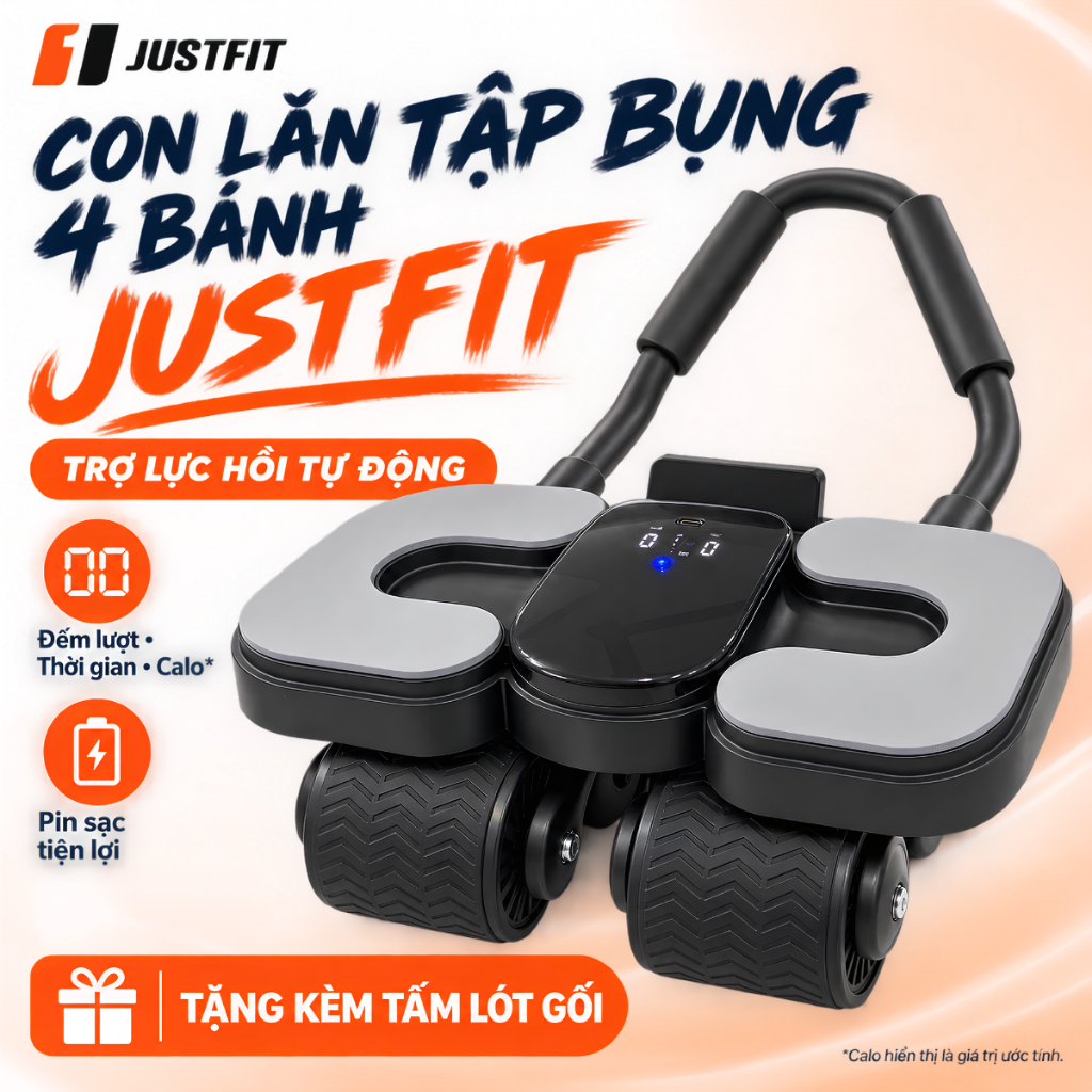 Máy Tập Bụng Màn Hình LCD JUSTFIT 4 Bánh Trợ Lực, Theo Dõi Tập Luyện, Tập Core Tại Nhà