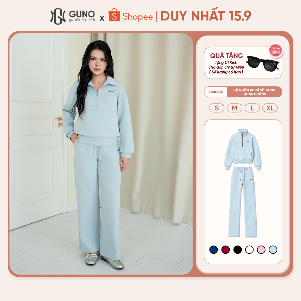 Bộ Quần Áo Nỉ Nữ GUNO Cổ Polo Kéo Khoá Kèm Quần Suông Hack Dáng Logo Thêu Thời Trang Cao Cấp 26BG201