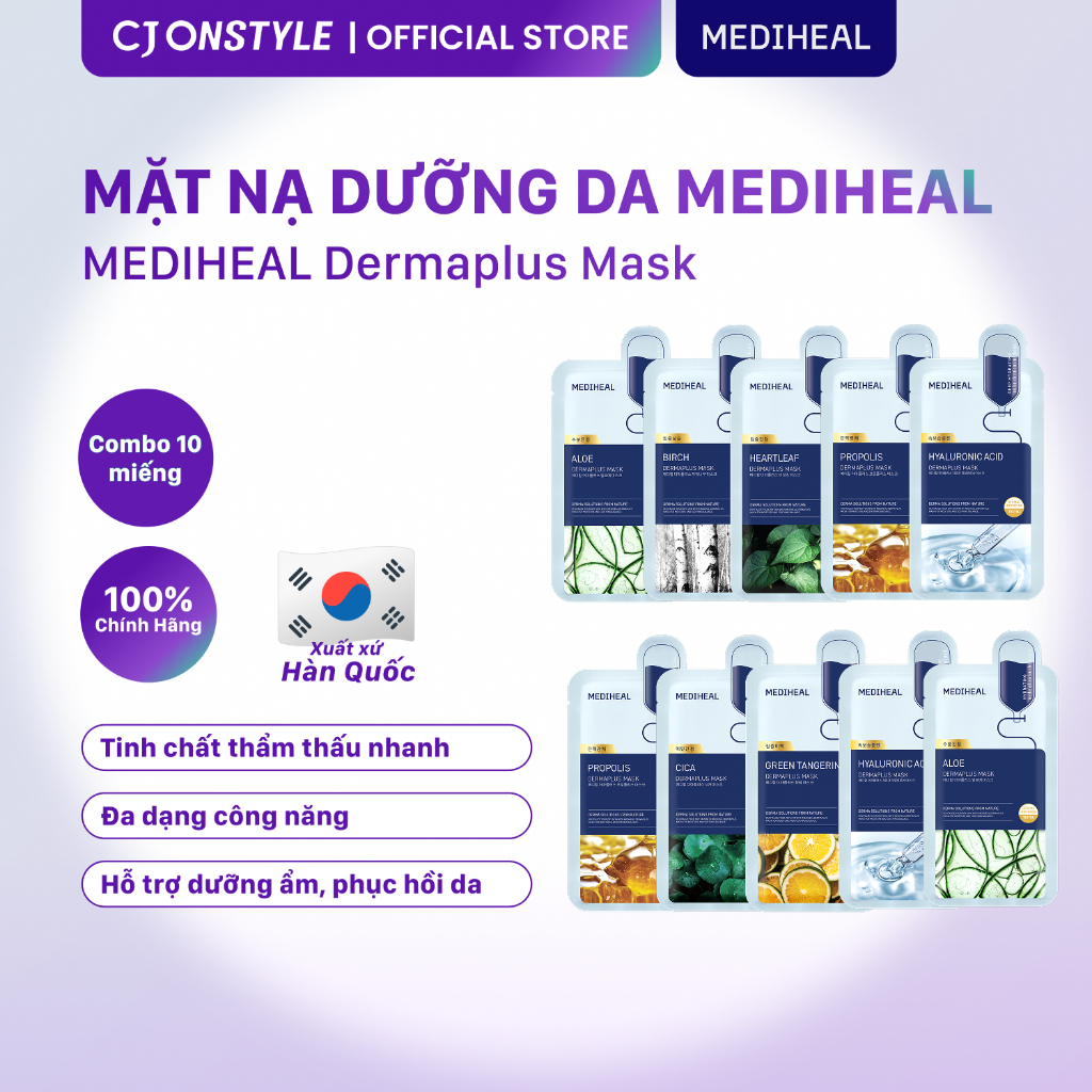 Combo 10 miếng Mặt nạ Mediheal Dermaplus cấp ẩm, làm sáng da 22ml