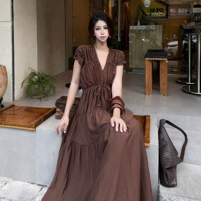 BST Mới - Đầm "Mơ" - Dáng Suông Cổ V Xếp Ly – Váy Dài Đũi Tơ Form Thanh Lịch Che Khuyết Điểm - SNC30