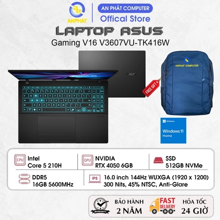Laptop ASUS Gaming V16 V3607VU-TK416W, Core 5 210H, RTX 4050 6GB, 16GB RAM, 512GB SSD, 16.0 FHD+ 144Hz, Win11