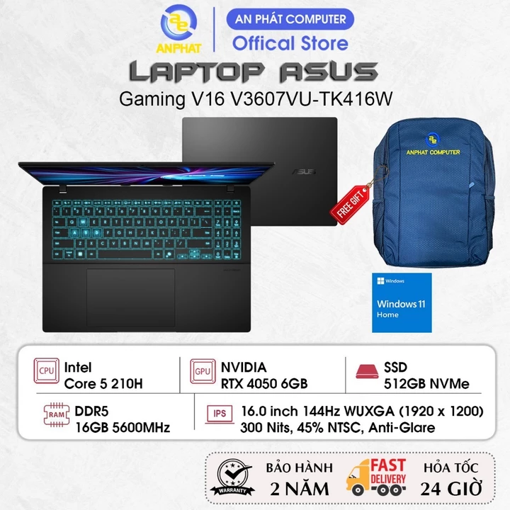 Laptop ASUS Gaming V16 V3607VU-TK416W, Core 5 210H, RTX 4050 6GB, 16GB RAM, 512GB SSD, 16.0 FHD+ 144Hz, Win11