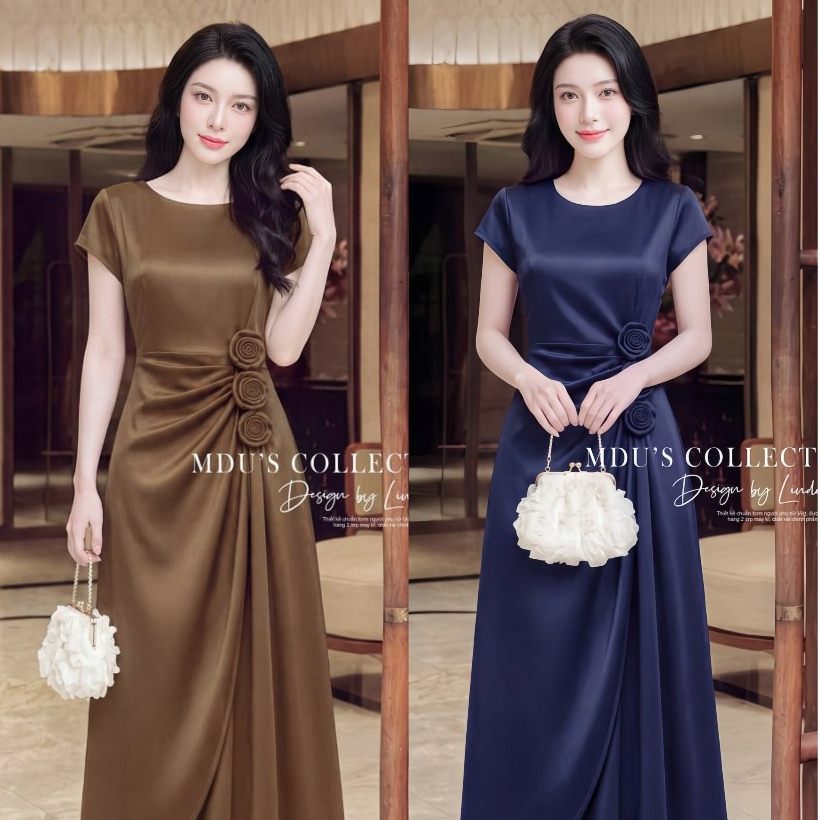 Váy Thiết Kế Dự Tiệc BST MDU6632 ADELA DESIGN Đầm Dài Lụa Twist Satin Cao Cấp Sang Trọng Hoa Thủ Công Đính Eo MDU