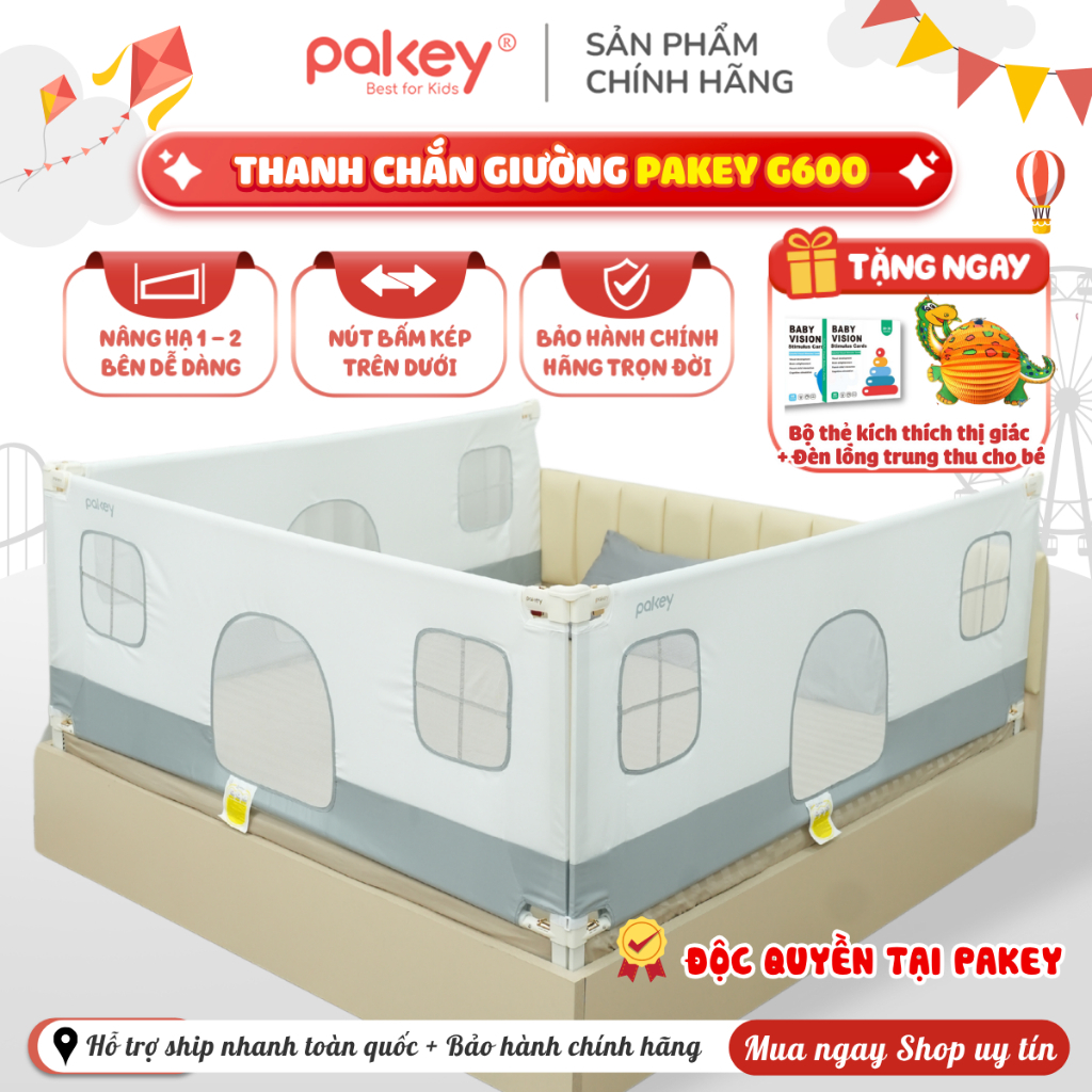 [CHÍNH HÃNG] Thanh Chắn Giường Pakey G600 Bản Mới Chốt Bấm Kép Cải Tiến Nâng Hạ Hoàn Toàn Cả 2 Bên, Vải 600D Thoáng Khí