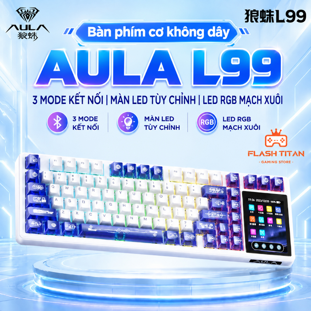 Bàn phím Cơ Không Dây Bluetooth AULA L99 Cao Cấp, Có 3 chế độ kết nối - Màn LED Cảm Ứng Hiện Đại - Bảo hành 12 tháng | BigBuy360 - bigbuy360.vn