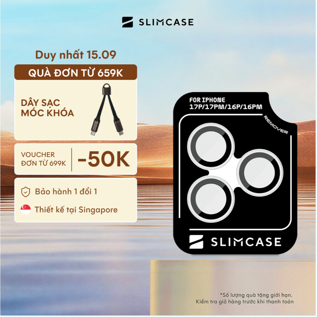 Kính cường lực bảo vệ camera cho iPhone 17 16 Series & 15 Pro / Pro Max Slimcase - Mỏng 0.5mm, giữ nguyên chất lượng ảnh