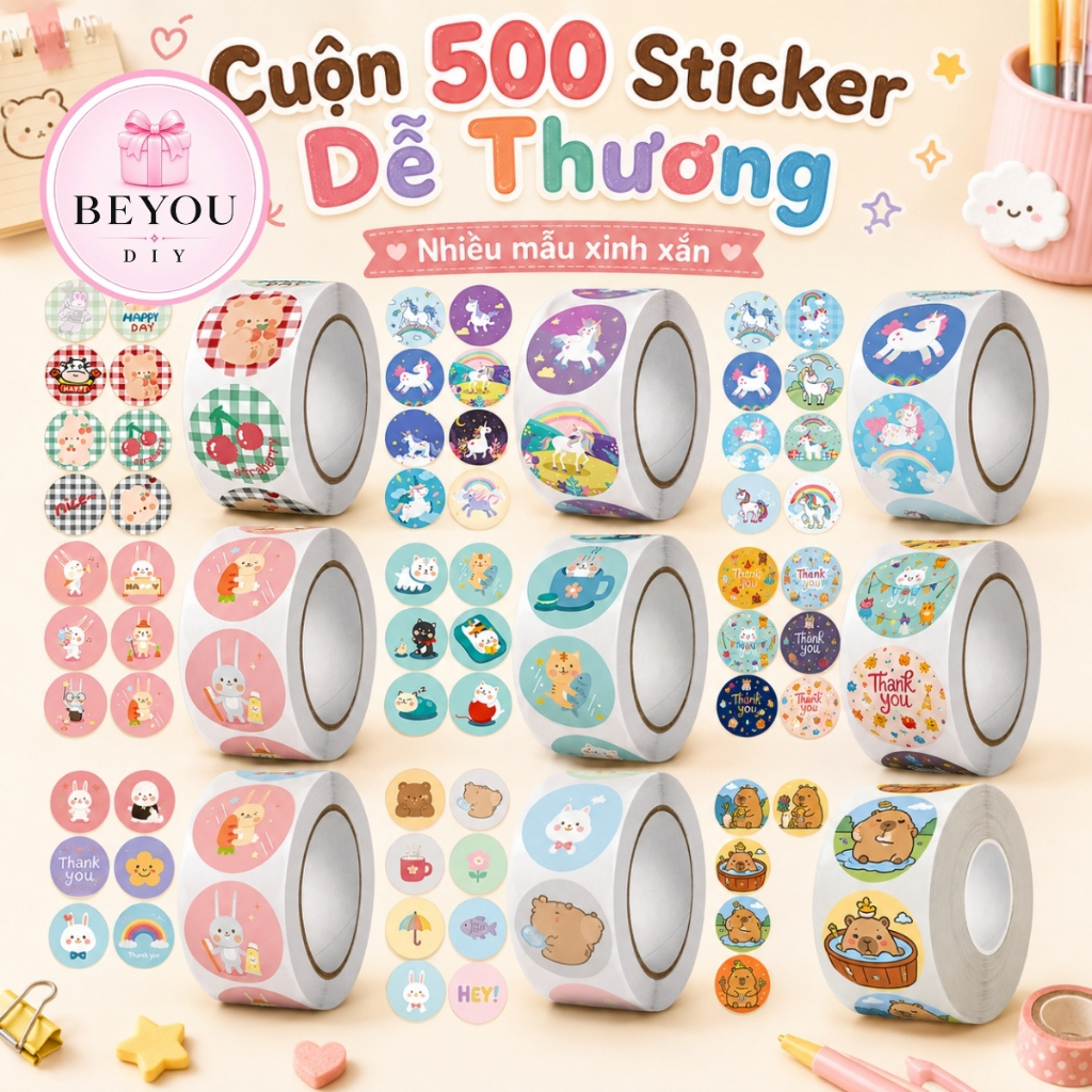 Cuộn 500 Sticker Mẫu A Tròn 2.5cm Hình Dễ Thương, Hình Dán Trang Trí Tập Vở Bình Nước Bút Laptop