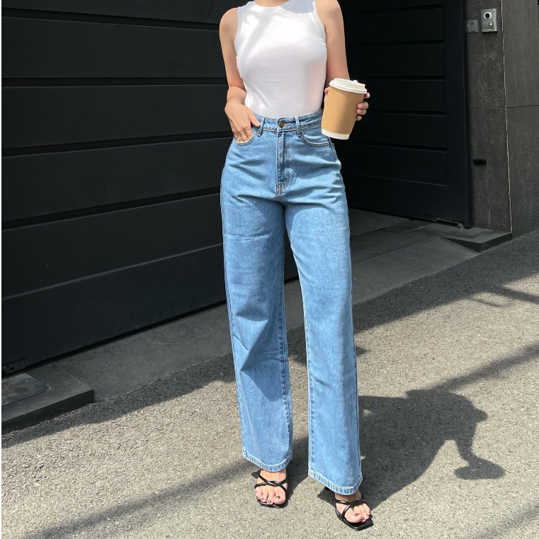 HASHTAGEM - Quần Jean Nữ LSJ.2 Signature Loose Jeans, Lưng Cao, Màu Xanh Biển Trơn Hàn Quốc