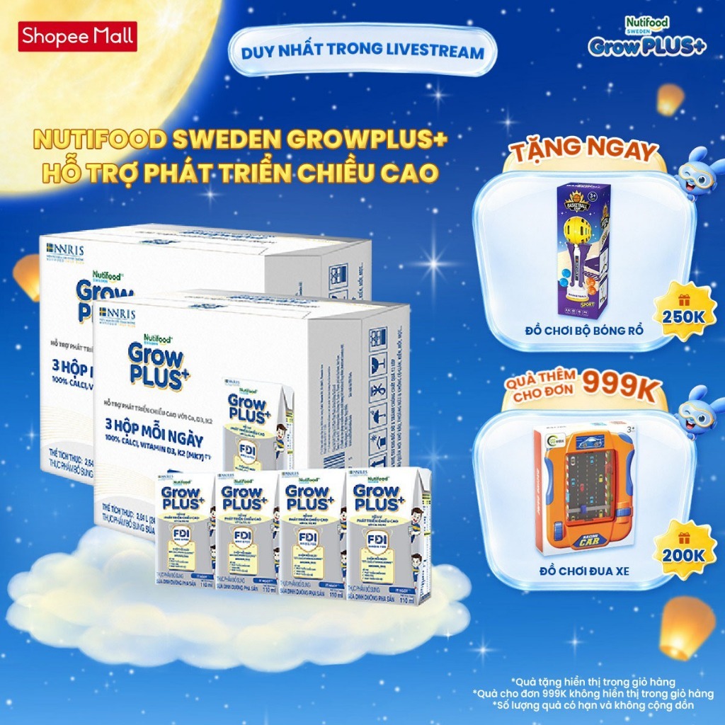 Combo 2 Thùng 24 Hộp Sữa Bột Pha Sẵn Nutifood Sweden GrowPLUS+ Cao lớn vượt trội hộp 110 ml