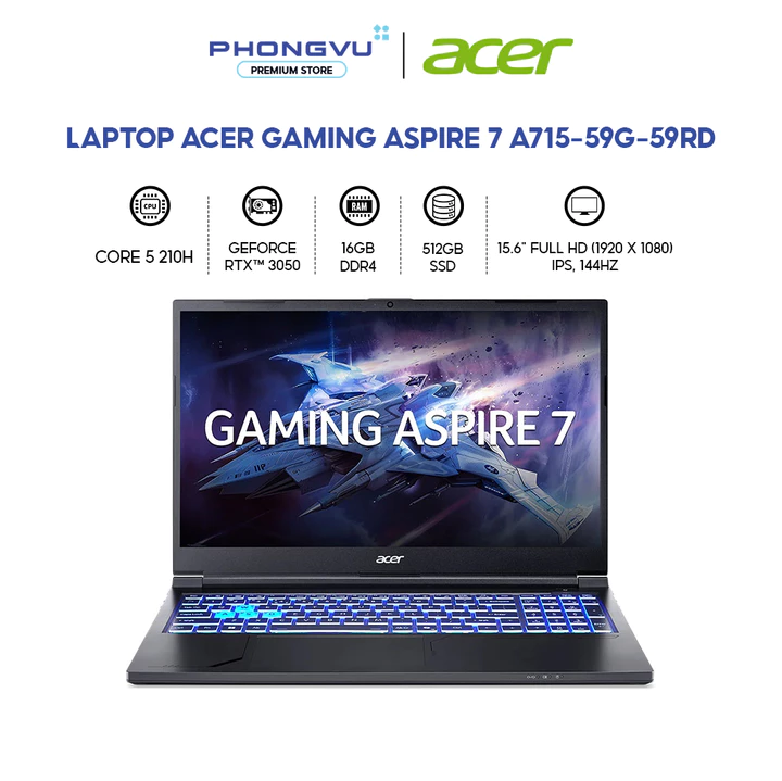 Laptop Gaming Acer Aspire 7 A715-59G-59RD - Core 5 210H, RTX 3050, 16GB, 512GB, Win11 - BH 24 Tháng