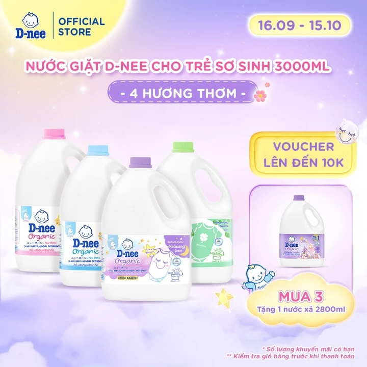 Nước giặt D-nee cho trẻ sơ sinh, mềm dịu, thơm nhẹ, không hư hại quần áo - Can 3000ml - 4 Hương thơm
