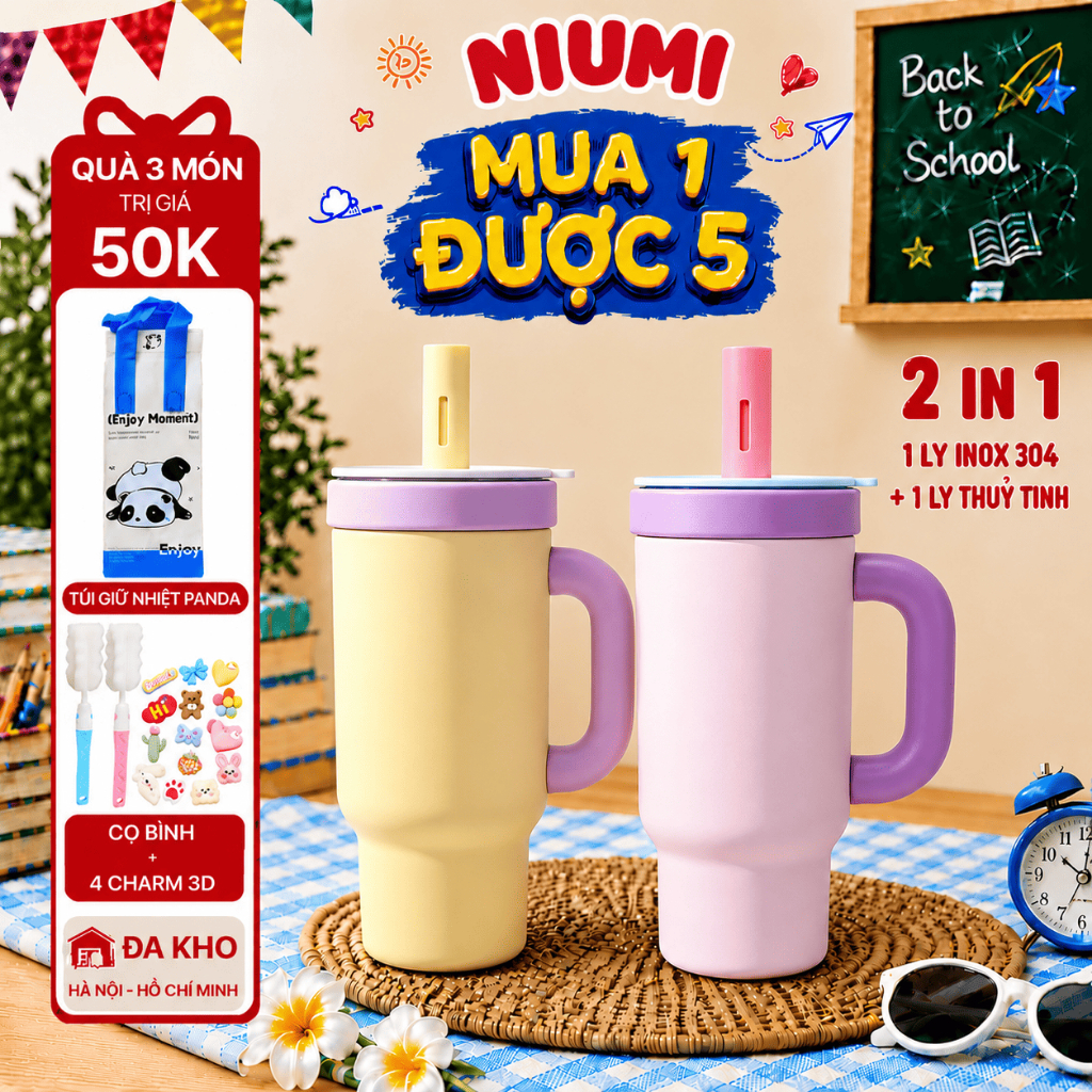 Ly giữ nhiệt 900ml NIUMI có ống hút, tay cầm - Ly DOFI 2 trong 1 Inox + thủy tinh Borosilicate