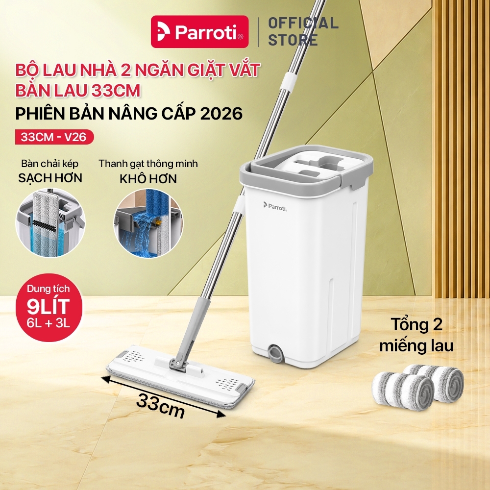 Bộ Lau Nhà Có Thùng Tự Vắt Parroti Mẫu Mới 2026, Bàn Lau 33cm, Lau 360 độ, Có Gạt Nước, Kèm 2 Bông Lau Mã 33CM-V26