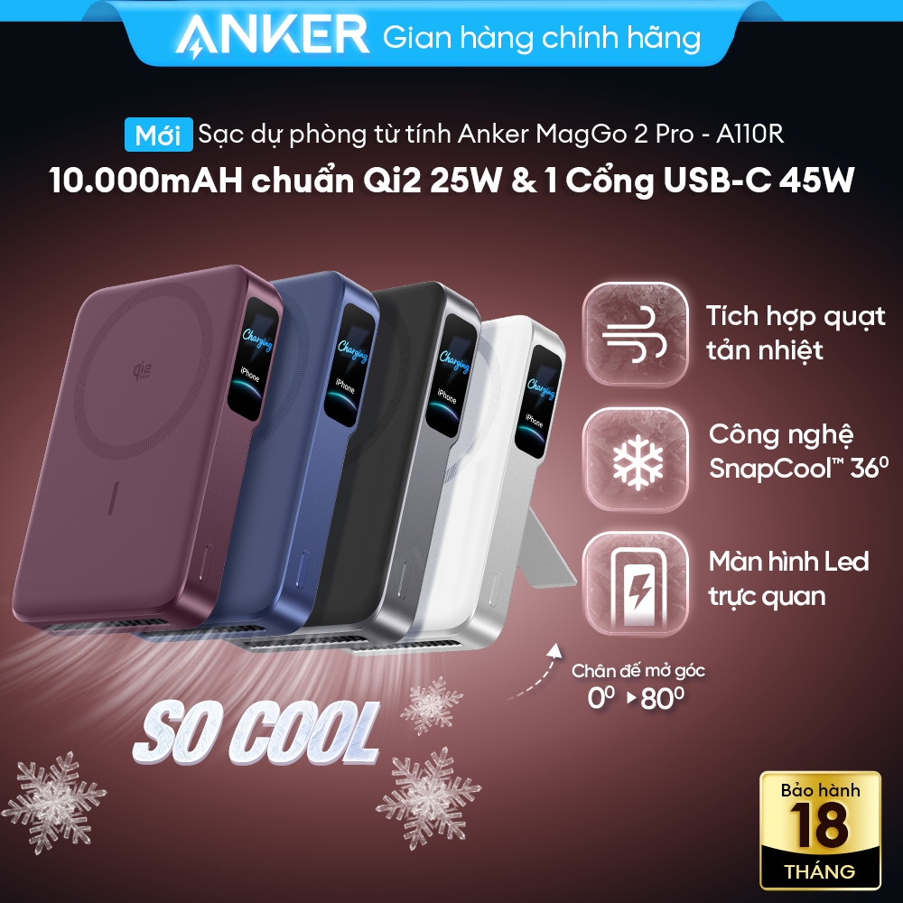 [NEW] Sạc dự phòng Anker MagGo 2 Pro 10kmAh 45W -Sạc không dây Qi2.2 25W | Tản nhiệt chủ động SnapCool 36°C - A110R