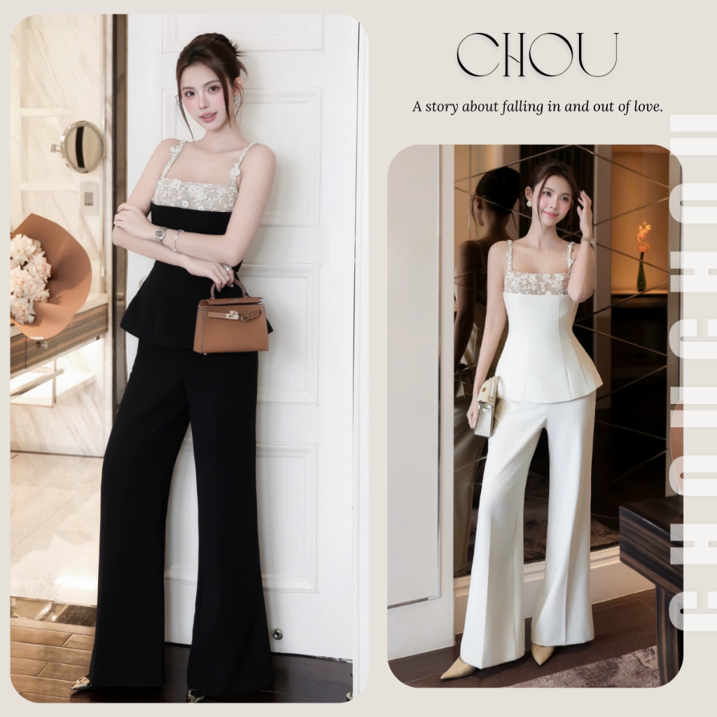 [TranAli] Set Áo Hai Dây Phối Ren Hoa Thêu Vạt Peplum Siết Eo Kèm Quần Tây Ống Suông Rộng Cạp Cao Đi Tiệc Sang Chảnh
