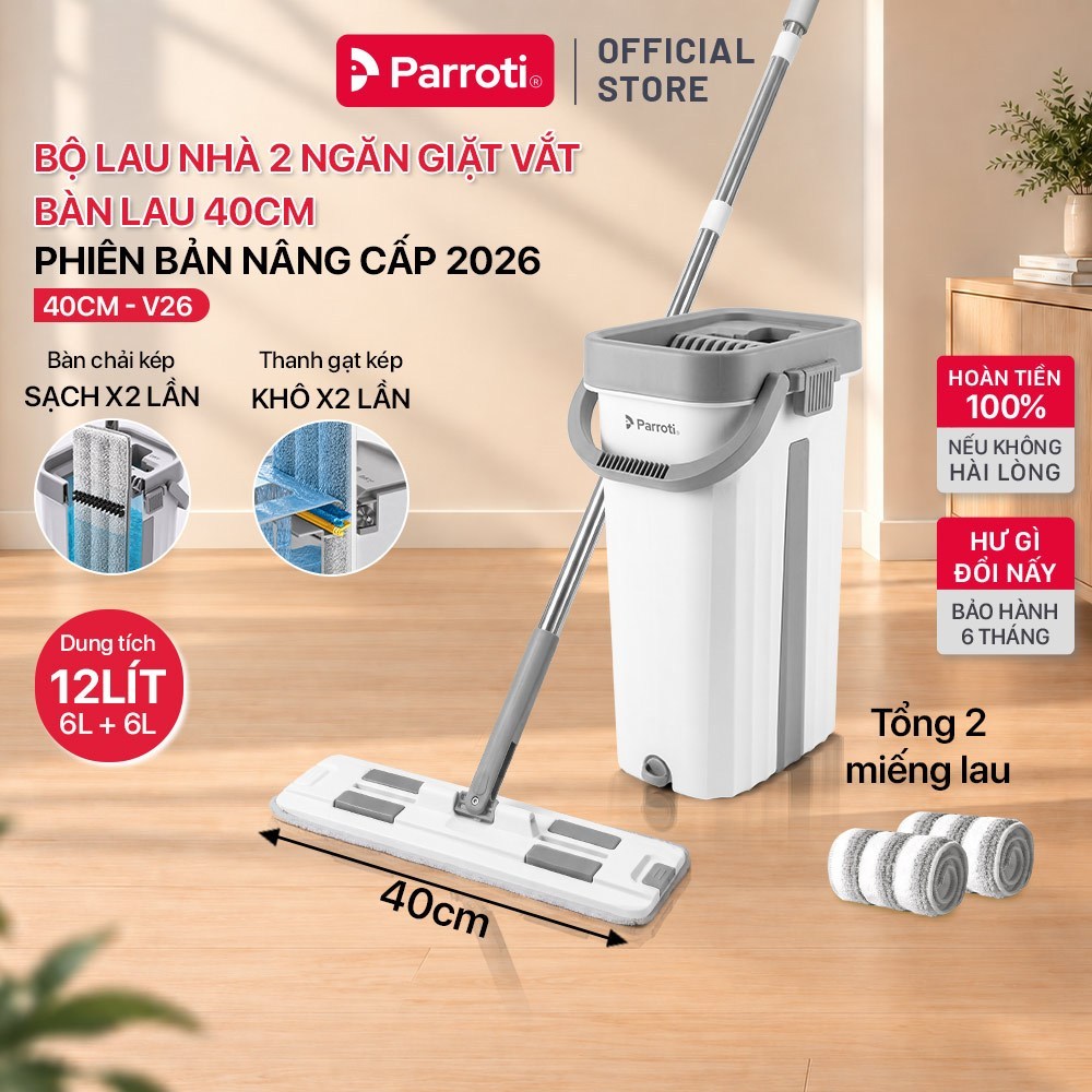 Bộ Lau Nhà Tự Vắt Có Thùng Parroti Mẫu Mới 2026, Cây Lau Sàn Bàn Lau 40x12cm Xoay 360 độ, Có Gạt Nước Mã 40CM-V26