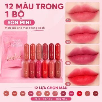 Bộ Son Môi Mini 12 Màu, Son Lì Mịn Mượt, Lâu Trôi, Ít Lem, Set Son Trang Điểm Nhỏ Gọn Tiện Lợi