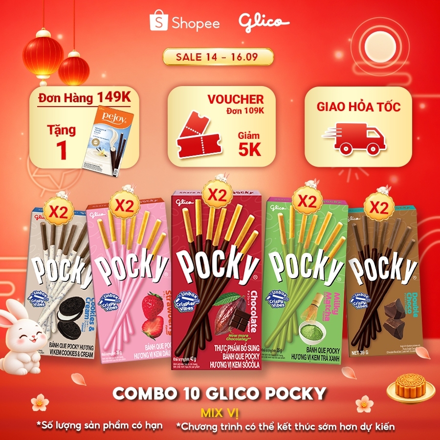 Combo 10 hộp Bánh que Glico Pocky nhiều vị (2 Matcha - 2 Socola - 2 Dâu - 2 Double Choco - 2 Cookies & Cream)
