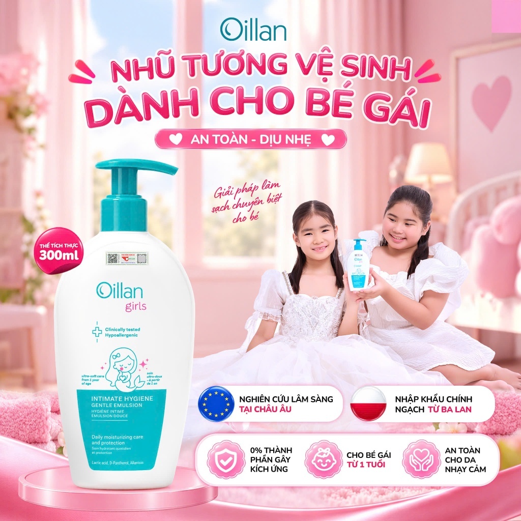 Nhũ Tương Vệ Sinh Bé Gái OILLAN GIRLS 300ml - Dung Dịch Vệ Sinh Cho Bé Gái Dịu Nhẹ, Cân Bằng pH