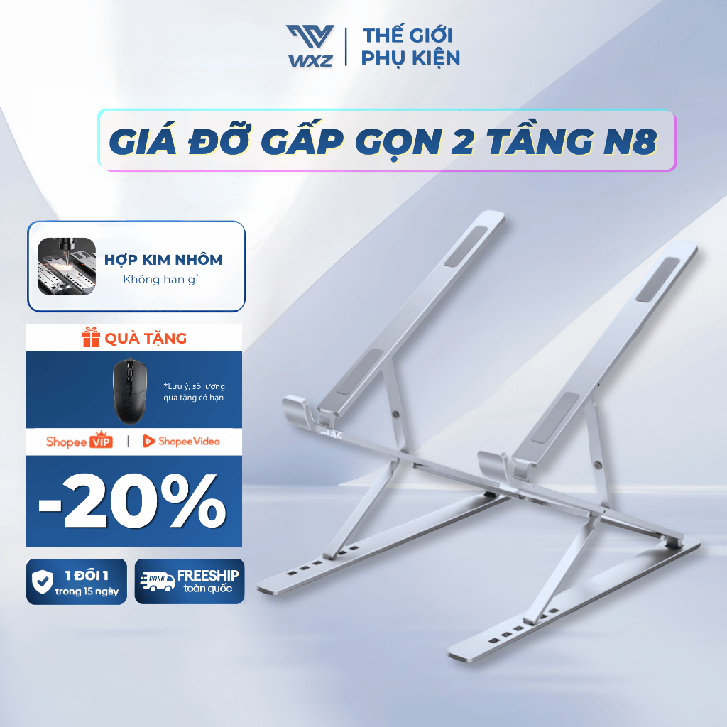 Giá Đỡ Laptop Hợp Kim Nhôm N8 2 Tầng, Kệ Để Laptop 7 - 8 Mức Điều Chỉnh, Chống Trượt Tản Nhiệt
