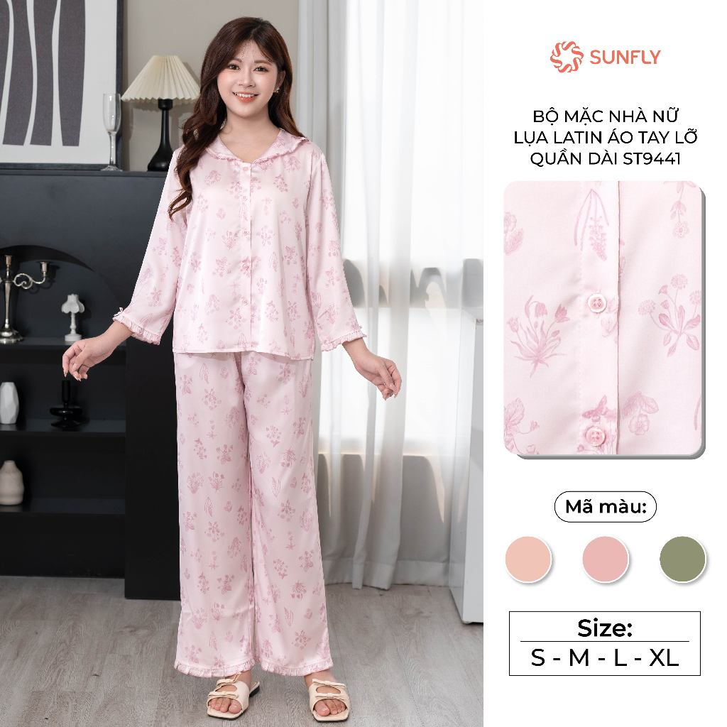 Bộ mặc nhà pijama nữ thu đông áo tay lỡ quần dài lụa satin mềm mịn, thoải mái SUNFLY ST9441