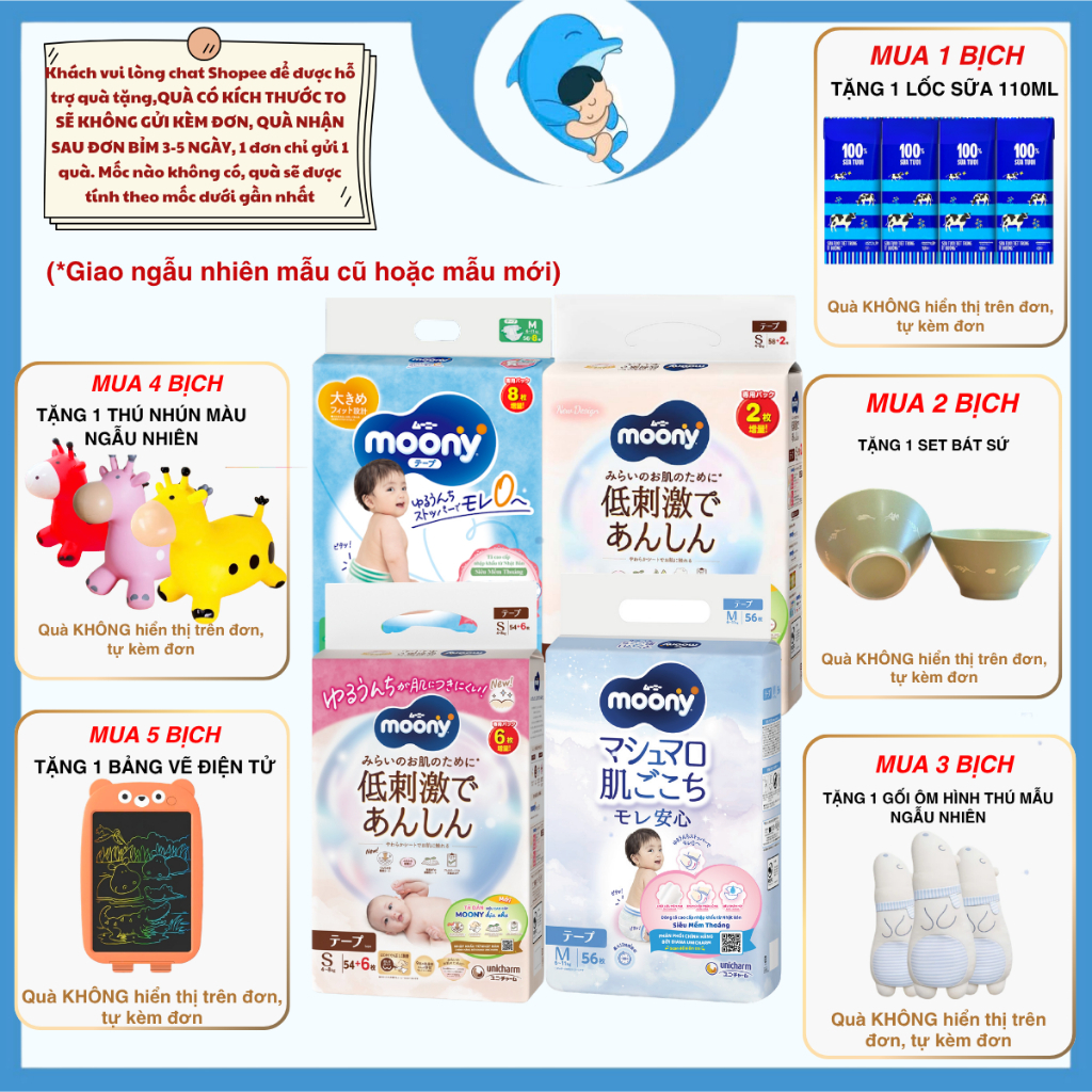 Tã/Bỉm Moony dịu nhẹ quần, dán đủ sizeNB60/S54/M46/L38/L36/XL32 cho bé 0-22kg MECAHEO
