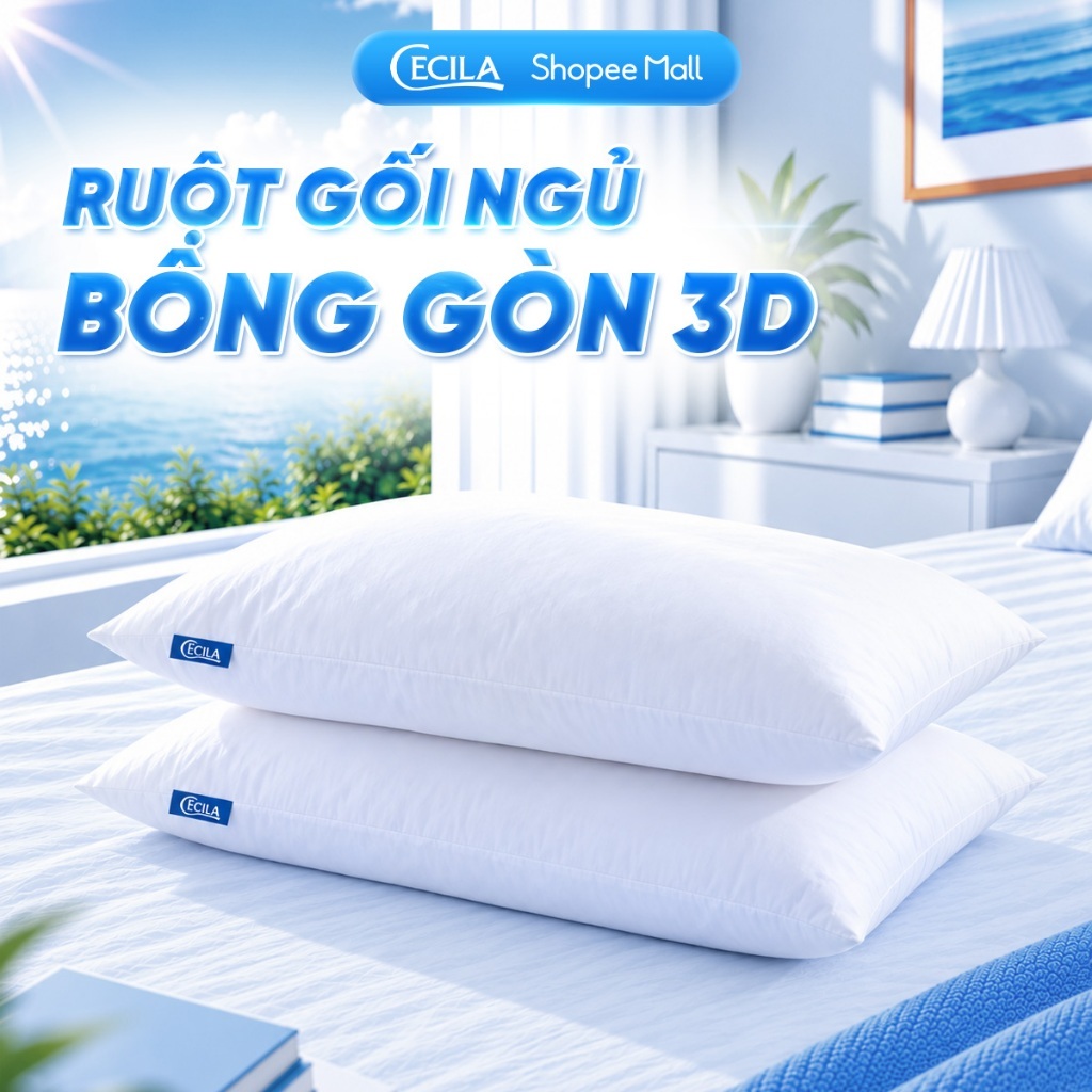 Gối nằm gòn lông vũ, gòn 3D Cecila Gối Nệm Y Tế 50x70cm không xẹp lún mềm mịn kháng khuẩn chuẩn khách sạn 5 sao