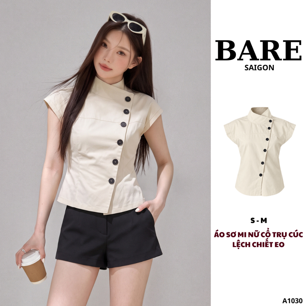 BARE_Áo Kiểu Nữ Cổ Cao Lệch Cài Nút, Áo Tay Cộc Chiết Eo Dáng Ôm Thanh Lịch_A1030