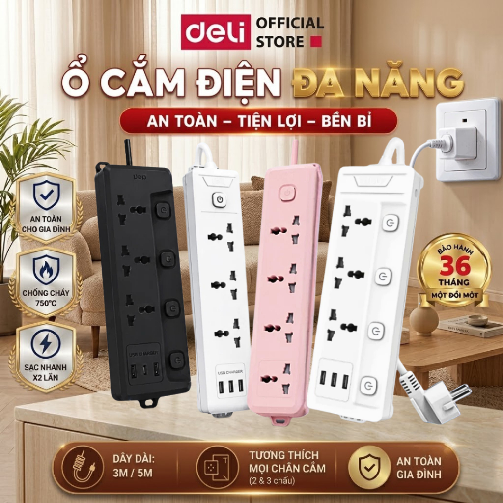 Ổ Cắm Điện DELI 2026 Đa Năng Sạc Nhanh 20W TypeC USB Ổ Điện Nhiều Lỗ Công Suất 2500W Lõi Chống Giật Dây 3M/5M
