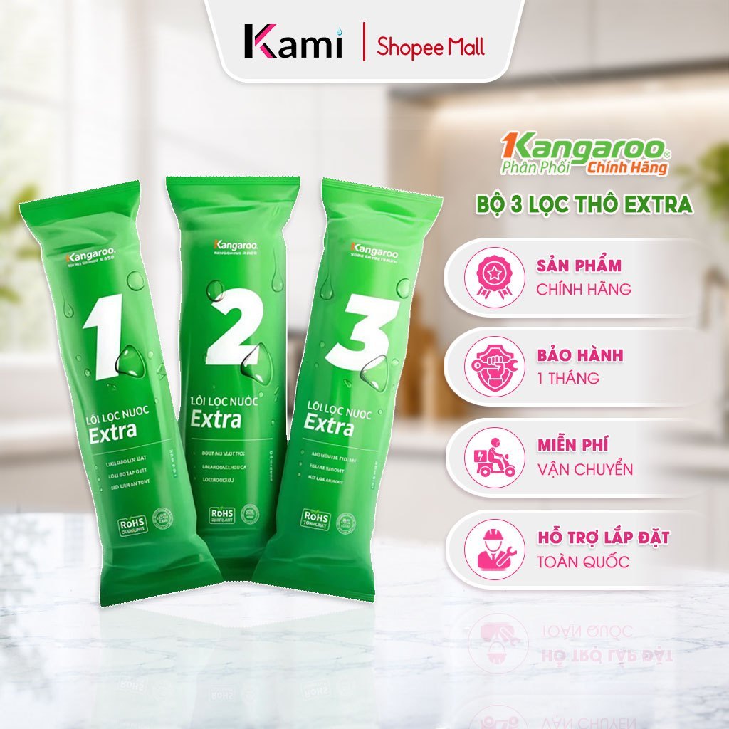 Bộ 3 Lõi Lọc Nước Kangaroo Extra 123 Lọc Thô Loại Bỏ Cặn Bẩn Clo Dư Tạp Chất Chính Hãng