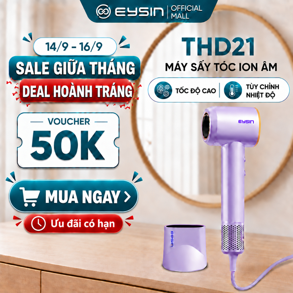Máy sấy tóc EYSIN THD21 Tốc Độ Cao Công Suất 1600W 200 Triệu Ion Âm Nhỏ Gọn Nhanh Khô Tóc