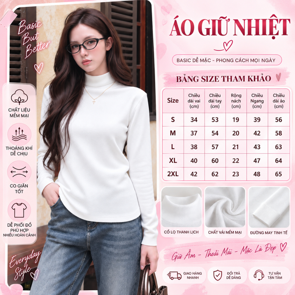 Áo Giữ Nhiệt LÓT NỈ Nữ Tay Dài Cao Cổ 3cm MIAA Co Giãn 4 Chiều , Áo giữ nhiệt DÀI TAY  Chuẩn Hàng QC Loại 1 | BigBuy360 - bigbuy360.vn
