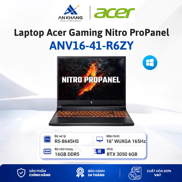 Laptop Acer Gaming Nitro ProPanel ANV16-41-R6ZY (R5-8645HS, RAM 16GB, SSD 512GB,RTX 3050, 16" WUXGA, W11) BH 24 tháng