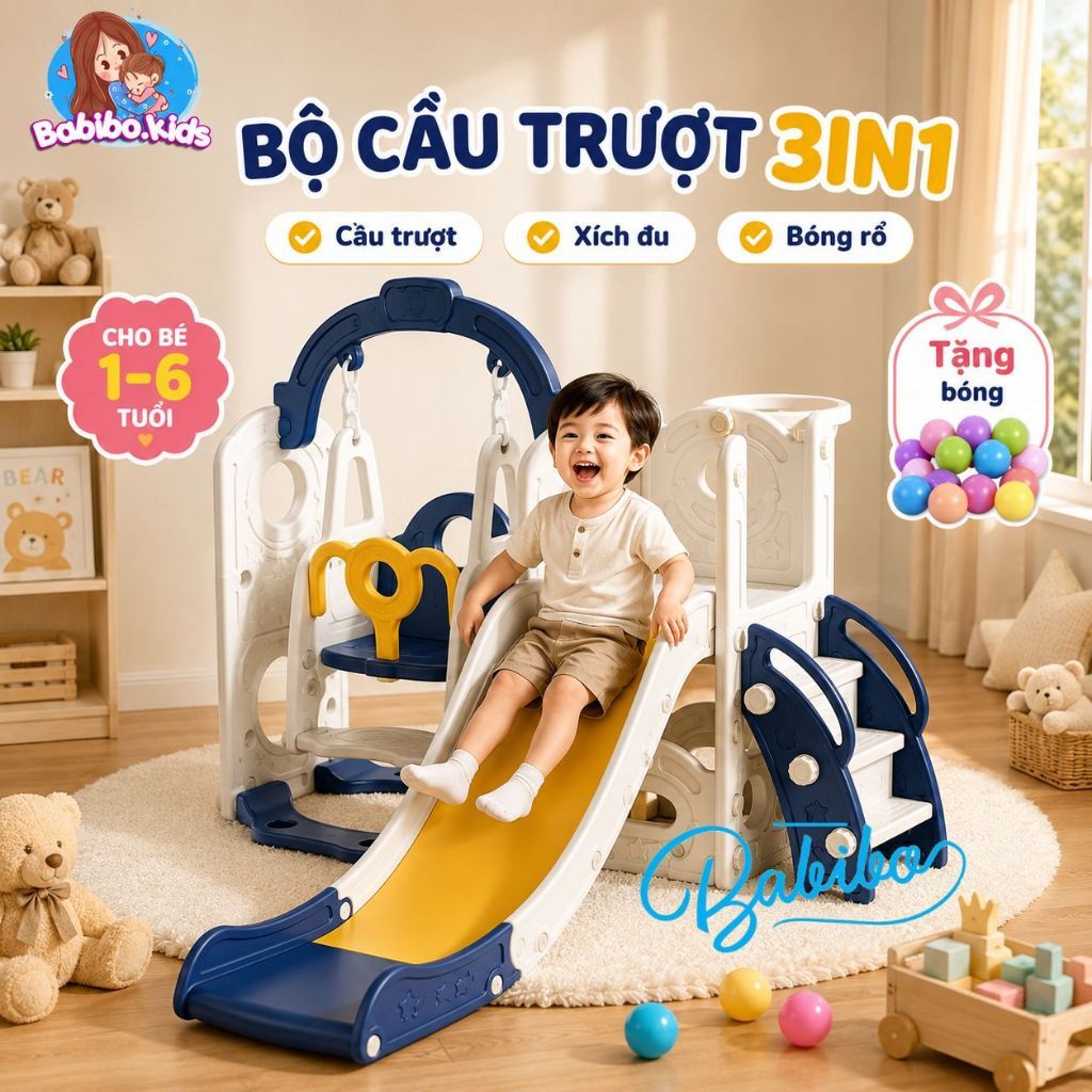 Cầu trượt đa năng cao cấp Babibo kids cho bé TẶNG KÈM BÓNG RỔ