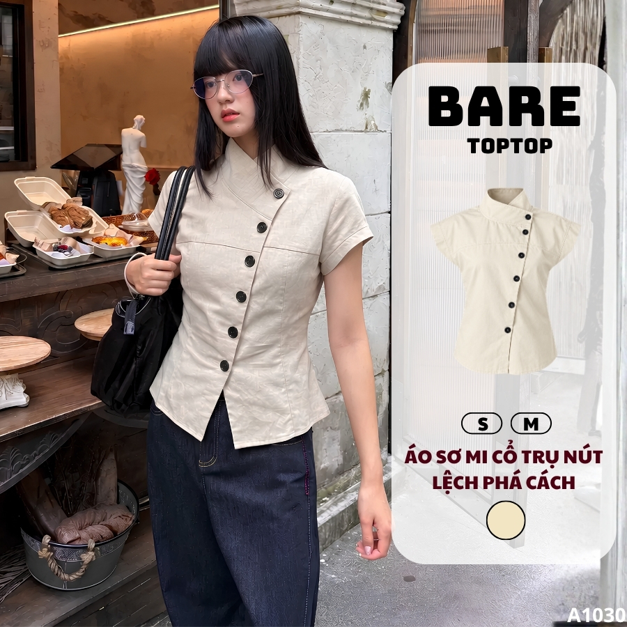 BARETOPTOP_Áo Sơ Mi Nữ Cổ Trụ Nút Lệch Cách Điệu, Áo Kiểu Nữ Cổ Cao Độc Đáo Thanh Lịch_A1030