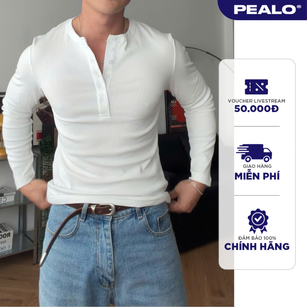 Áo thun dai tay nam Henley Shirt ver2 form ôm PEALO chất liệu thun gân nhiều cúc nam tính chất liệu thoáng mát