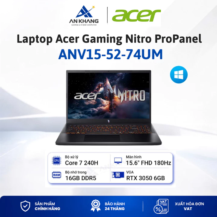Laptop Acer Gaming Nitro ProPanel ANV15-52-74UM(Core 7 240H; 16GB; 512GB SSD;RTX3050; 15.6" FHD; Win11 ;Đen) BH 24 tháng