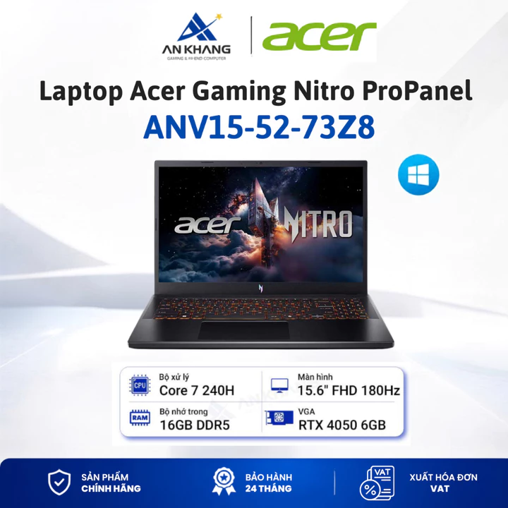 Laptop Acer Gaming Nitro ProPanel ANV15-52-73Z8( Core7 240H, 16GD5, 512SSD, 15.6" FHD, RTX4050, W11) BH 24 tháng