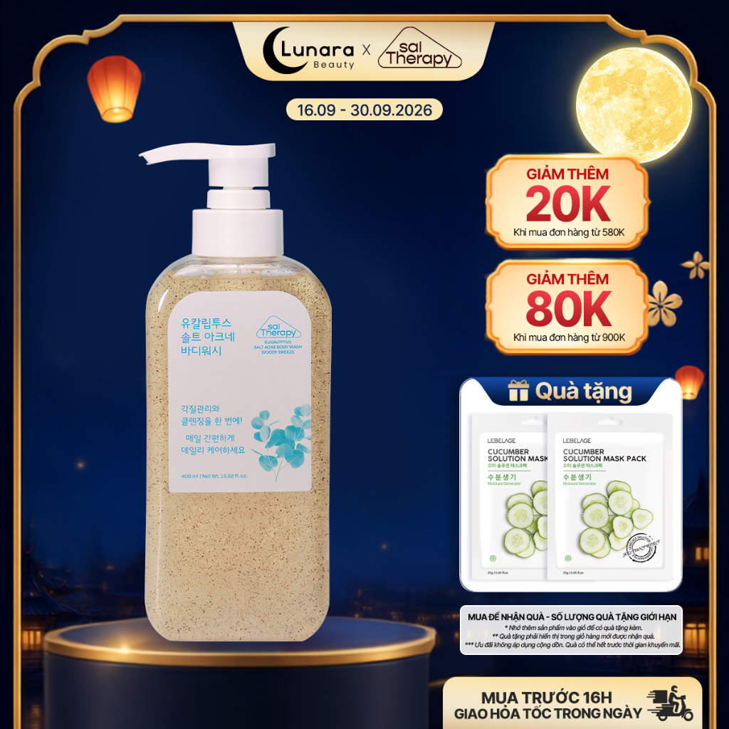 Sữa tắm muối giảm mụn lưng salTherapy Eucalyptus Salt Body Wash bạch đàn sạch da lưng ngực BHA 400ml