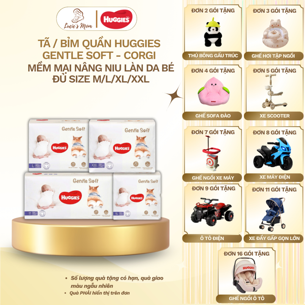 Tã Quần Huggies Gentle Soft - Corgi Êm Mềm Nâng Niu Làn Da Bé - Đủ Size M,L,XL,XXL -Lucie's Mom