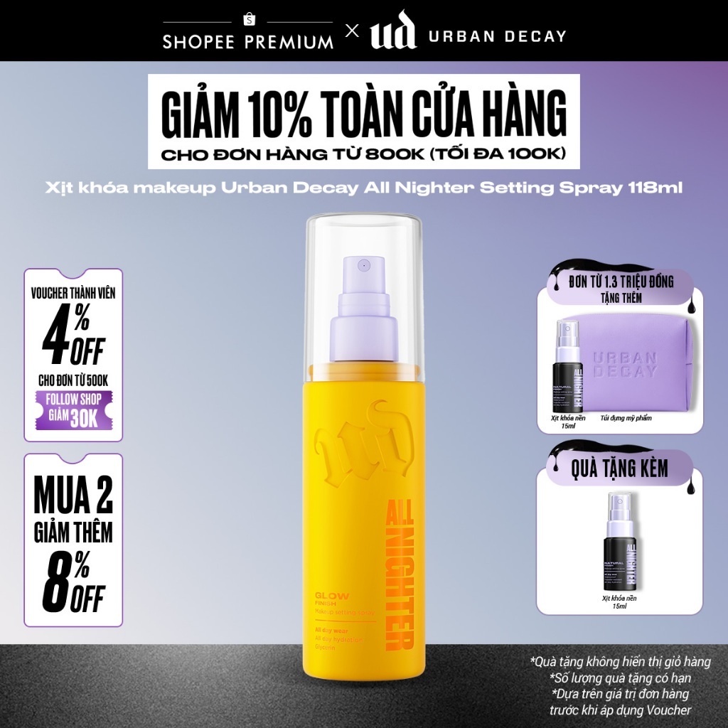 Xịt khóa makeup Urban Decay All Nighter Setting Spray | Hiệu ứng căng bóng  - 118 ml