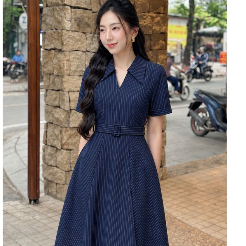 Váy đầm nữ thiết kế kẻ sọc cách điệu 2 lớp dài qua gối U&M Có Bigsize thanh lịch đi làm đi chơi đi tiệc (V89)