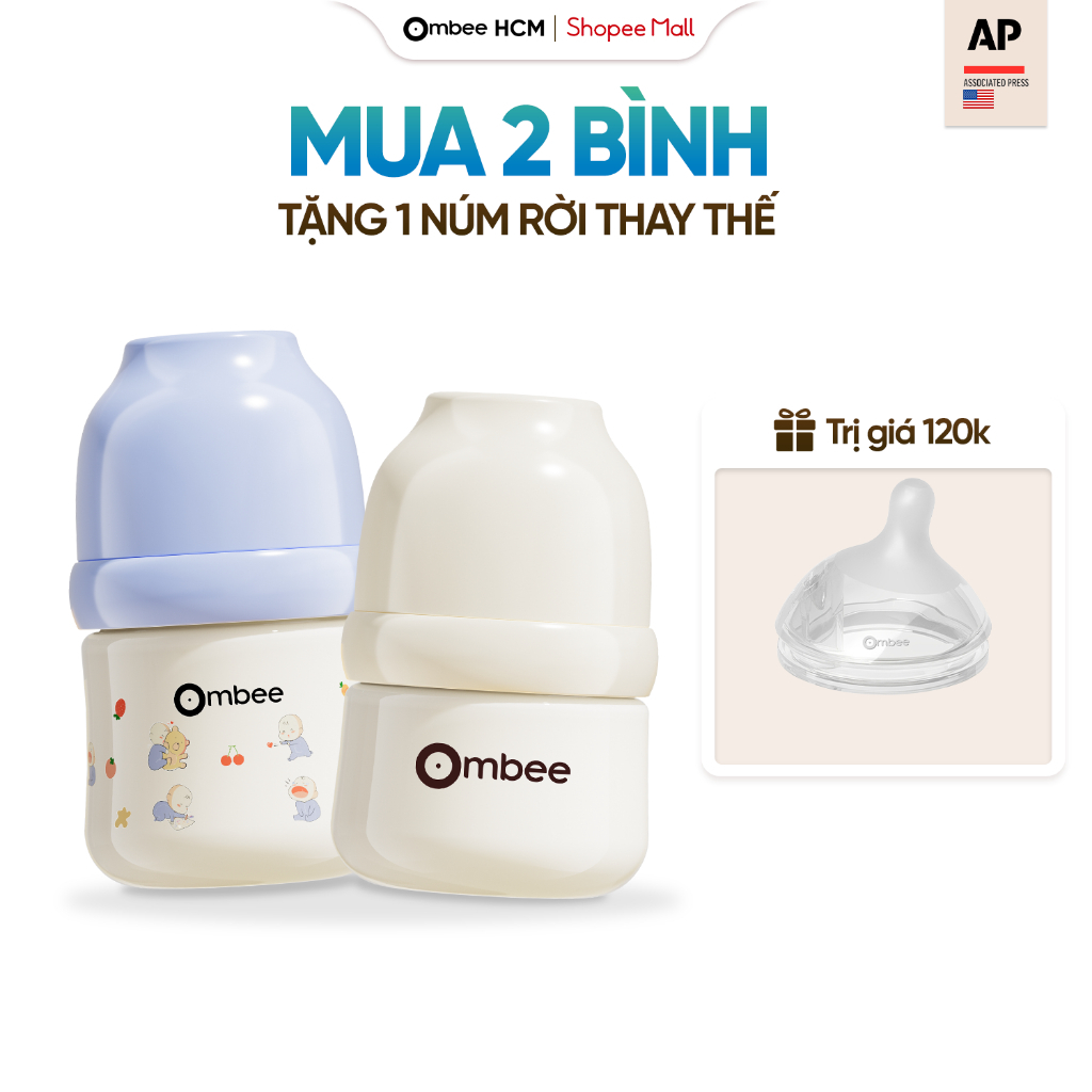 [MUA 2 BÌNH TẶNG 1 NÚM] Bình Sữa Ombee PPSU Chống Đầy Hơi Sặc Sữa Núm Ti Siêu Mềm Cổ Rộng