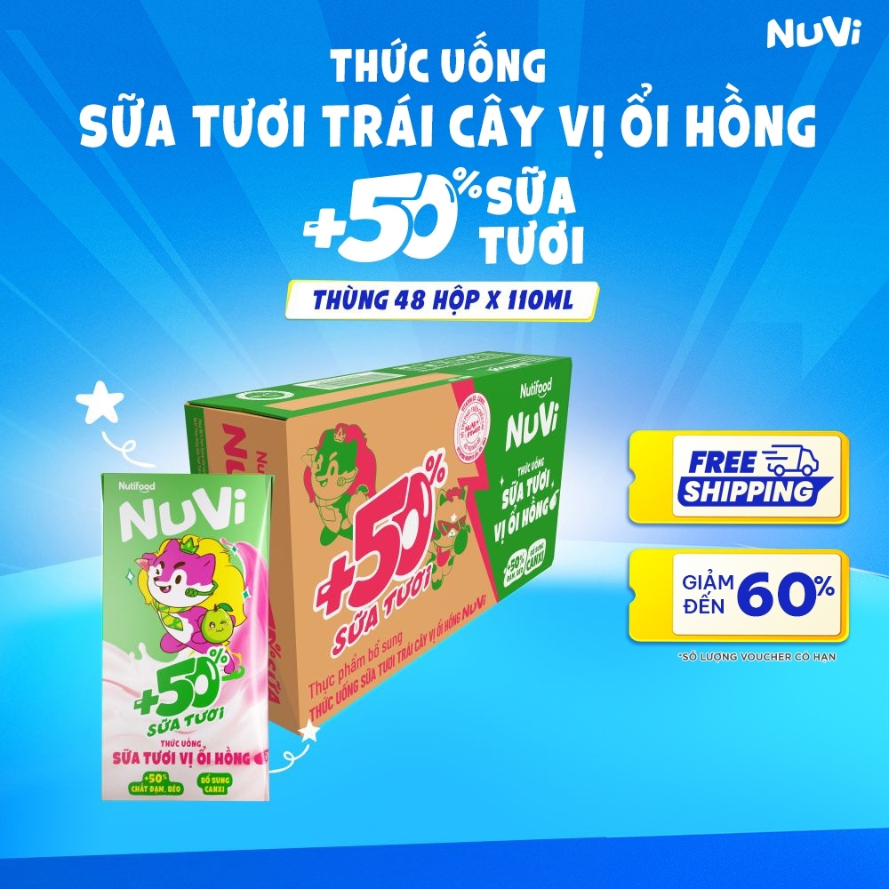 Thùng 48 hộp Thức uống Sữa tươi trái cây 50ST Nuvi Ổi 110ml