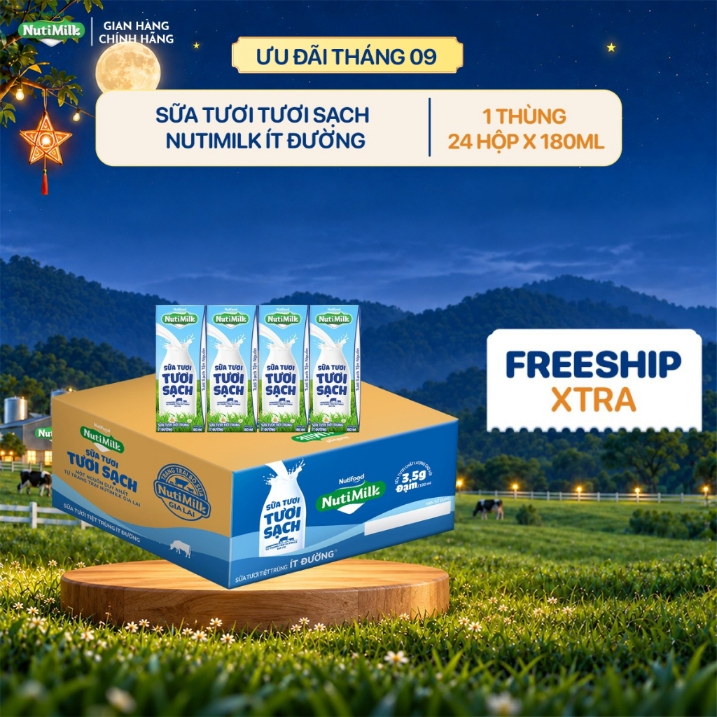 Thùng 24 Hộp Sữa Tươi Tươi Sạch NutiMilk Ít Đường Hộp 180ml