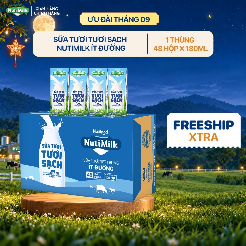 Thùng 48 Hộp Sữa Tươi Tươi Sạch NutiMilk Ít Đường 180ml